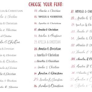 K&ouml;nnte beinhalten: Auf wei&szlig;em Hintergrund werden 38 Schriftarten f&uuml;r "Amelia & Christian" pr&auml;sentiert. Der Text "CHOOSE YOUR FONT:" steht rot oben. Jede Schriftart ist nummeriert und in verschiedenen Stilen dargestellt.