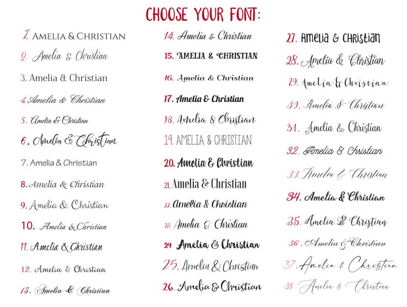 K&ouml;nnte beinhalten: Auf wei&szlig;em Hintergrund werden 38 Schriftarten f&uuml;r "Amelia & Christian" pr&auml;sentiert. Der Text "CHOOSE YOUR FONT:" steht rot oben. Jede Schriftart ist nummeriert und in verschiedenen Stilen dargestellt.