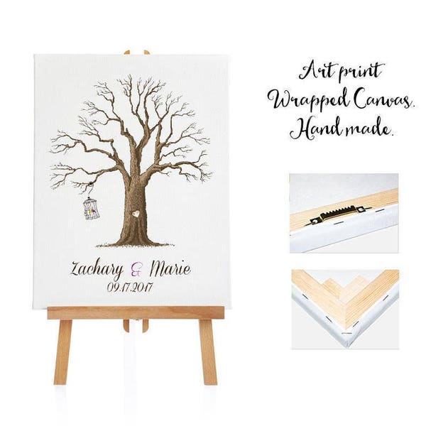 Art print wrapped canvas + 3 ink pads - Wedding Tree Guest Book - Fingerprint -  Thumb Tree  -  20- 130 guests - Tree print - Canvas print