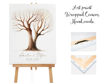 Arbre de mariage romantique sur toile - Impression d'art sur toile enveloppée + 3 tampons encreurs + carte d'instructions dans votre langue + 2 testeurs - 20 à 100 invités