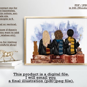 May include: A digital illustration of four people standing in front of a castle with suitcases. The people are wearing Hogwarts robes and have a pet owl and dog. The text "Mam", "Maya", and "Min" are written on the suitcases.