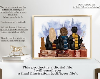 Custom Wizard friends Portrait - PDF - Personalized- 1 day proof Electronic file, Wizard Family unique Christmas, bff pdf poster