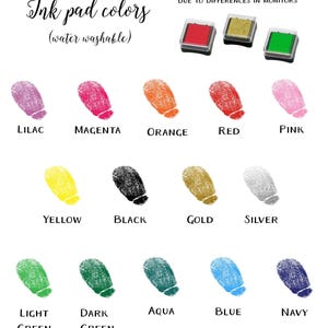 K&ouml;nnte beinhalten: Abbildung mit Tintenkissenfarben, darunter Flieder, Magenta, Orange, Rot, Pink, Gelb, Schwarz, Gold, Silber, Hellgr&uuml;n, Dunkelgr&uuml;n, Aqua, Blau und Marine. Text: "Tintenkissenfarben (wasserl&ouml;slich)".