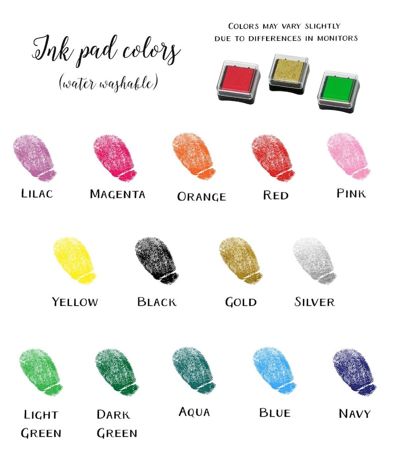 K&ouml;nnte beinhalten: Abbildung mit Tintenkissenfarben, darunter Flieder, Magenta, Orange, Rot, Pink, Gelb, Schwarz, Gold, Silber, Hellgr&uuml;n, Dunkelgr&uuml;n, Aqua, Blau und Marine. Text: "Tintenkissenfarben (wasserl&ouml;slich)".