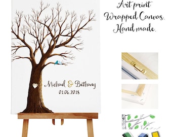 Art print wrapped canvas + 3 ink pads - Wedding Tree Guest Book - Fingerprint -  Thumb Tree  -  20- 100 guests - Tree print - Canvas print