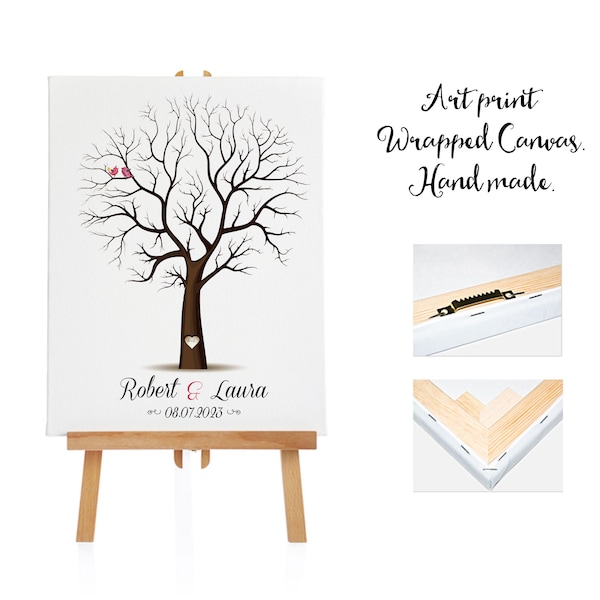 Vente 20% de réduction - Toile enveloppée d'impression artistique + 3 tampons d'encre Arbre de mariage Livre d'or Empreinte digitale Arbre à pouce 20- 100 invités - Impression sur toile