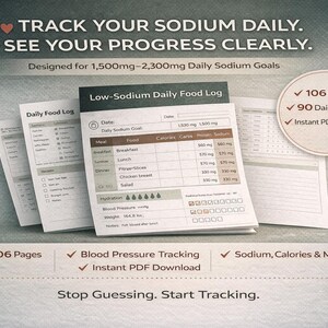 Low Sodium Daily Food Log Printable | Sodium Tracker & Blood Pressure Log | 106 Page Heart Health Planner PDF | Instant Download