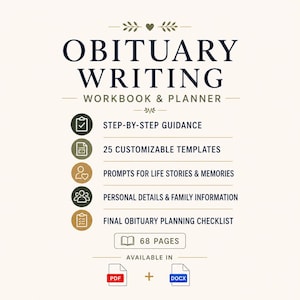May include: An obituary writing workbook and planner featuring the text OBITUARY WRITING WORKBOOK & PLANNER. It lists features including step-by-step guidance, 25 customizable templates, prompts for life stories, family information, and a checklist.