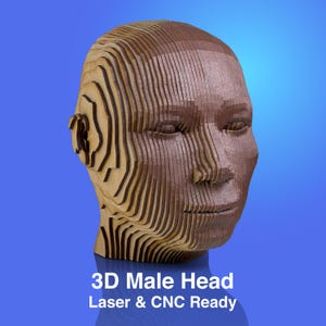 May include: A 3D wooden male head sculpture with a layered design. The sculpture is made of light and dark brown wood, with the text "3D Male Head Laser & CNC Ready" at the bottom. The background is a gradient of blue.