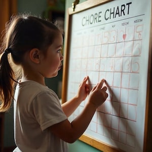 Può includere: Una bambina indica un grafico delle faccende domestiche appeso a una parete. Il grafico ha una cornice di legno ed è etichettato "CHORE CHART". La griglia è riempita con numeri e simboli scritti a mano in rosso. La bambina indossa una maglietta bianca.