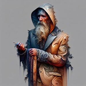 May include: An artistic rendering of an elderly person with a long, white beard and hooded coat. The coat transitions from blue to orange, with intricate swirling patterns. The person holds a small object in their hand, suggesting a contemplative pose.