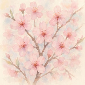 Op de afbeelding: Aquarel schilderij van roze kersenbloesems op bruine takken. De bloemen hebben delicate bloemblaadjes en gele centra. De achtergrond is een zachte mix van lichtblauw en crème.