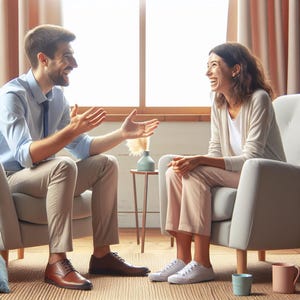 May include: A man and a woman are seated in armchairs, engaged in a conversation. The man wears a light blue shirt, tie, and khaki pants, while the woman is in a white top, beige cardigan, and pink pants. A small table with a vase and a window are in the background.