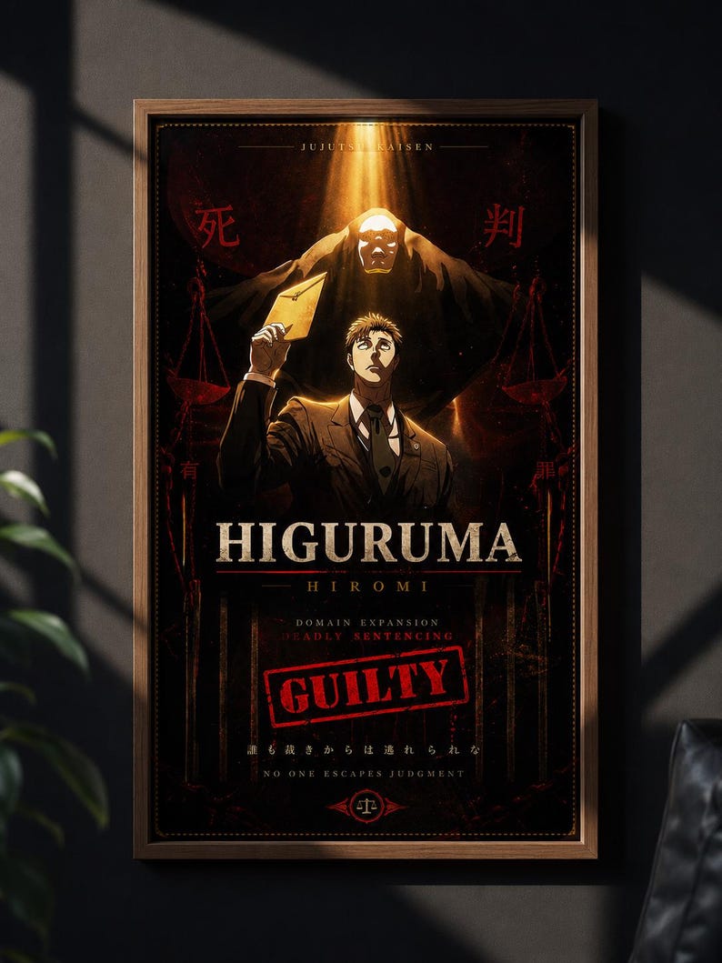 May include: A framed poster featuring the character Higuruma Hiromi from Jujutsu Kaisen. The artwork displays a man in a suit holding an envelope beneath a shadowy figure, with the text HIGURUMA HIROMI, DOMAIN EXPANSION, DEADLY SENTENCING, and GUILTY.