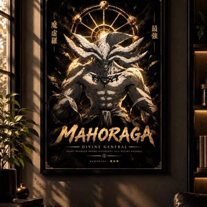 Könnte beinhalten: Ein rechteckiges Wandposter in einem schwarzen Rahmen mit einer zentralen Illustration der Figur Mahoraga aus Jujutsu Kaisen. Die Figur ist weiß mit einem großen Kopf, muskulösem Oberkörper und einem goldenen Rad-Heiligenschein. Text: "MAHORAGA" und "DIVINE GENERAL".