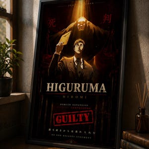 May include: A framed poster featuring the anime character Higuruma Hiromi in a suit holding an envelope, with a dark figure looming above. The text reads HIGURUMA HIROMI, DOMAIN EXPANSION DEADLY SENTENCING, GUILTY, and NO ONE ESCAPES JUDGMENT.