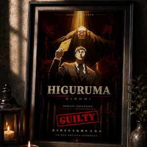 May include: A framed poster featuring the character Higuruma Hiromi from Jujutsu Kaisen. The artwork displays a man in a suit holding an envelope, a dark figure above him, and the text "HIGURUMA HIROMI", "DOMAIN EXPANSION DEADLY SENTENCING", and "GUILTY".