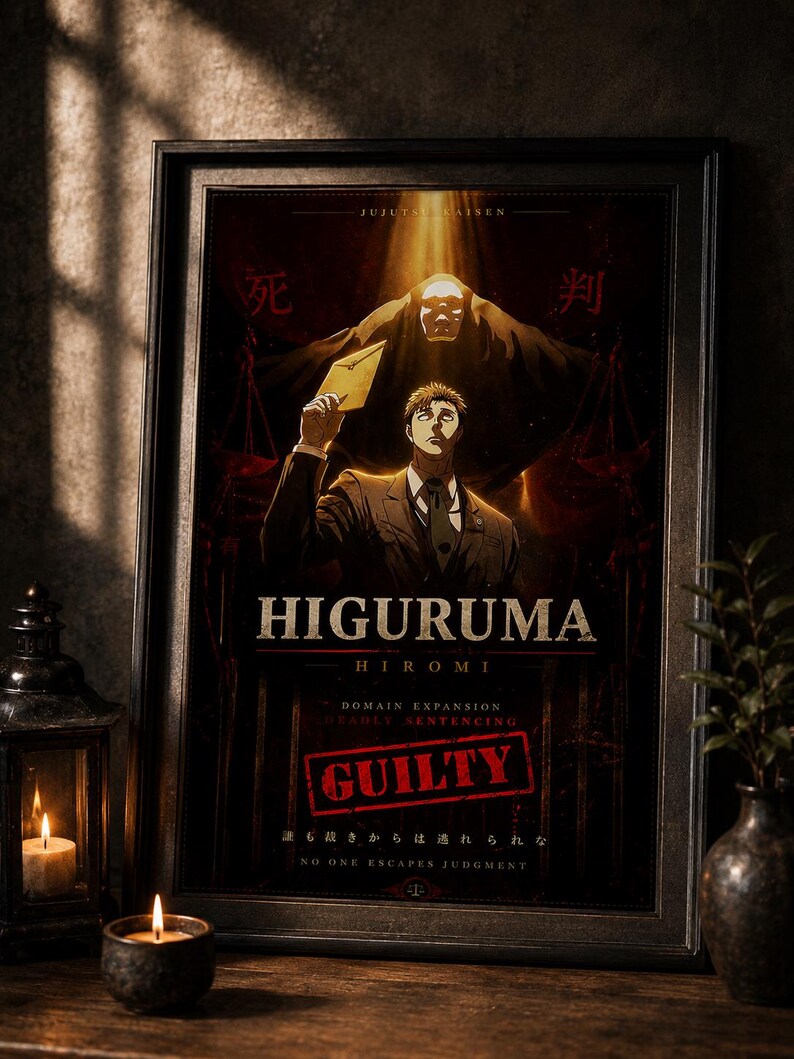 May include: A framed poster featuring the character Higuruma Hiromi from Jujutsu Kaisen. The artwork displays a man in a suit holding an envelope, a dark figure above him, and the text "HIGURUMA HIROMI", "DOMAIN EXPANSION DEADLY SENTENCING", and "GUILTY".