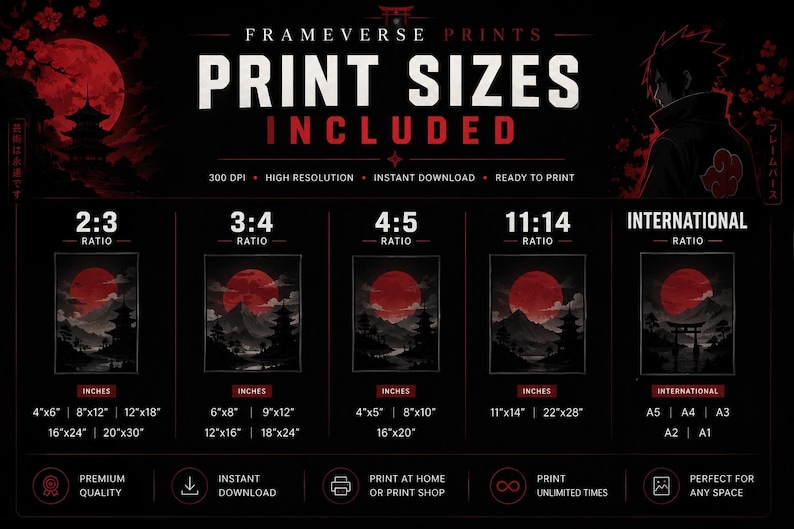 May include: A black informational chart titled PRINT SIZES INCLUDED with red accents. It lists five aspect ratios: 2:3, 3:4, 4:5, 11:14, and International. Each column displays specific dimensions in inches, such as 4x6, 8x12, 12x18, 16x24, and 20x30.