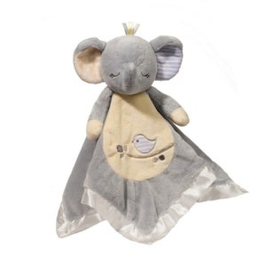 May include: A grey plush elephant security blanket with a yellow and grey bird design. The blanket has a satin trim and is perfect for cuddling.