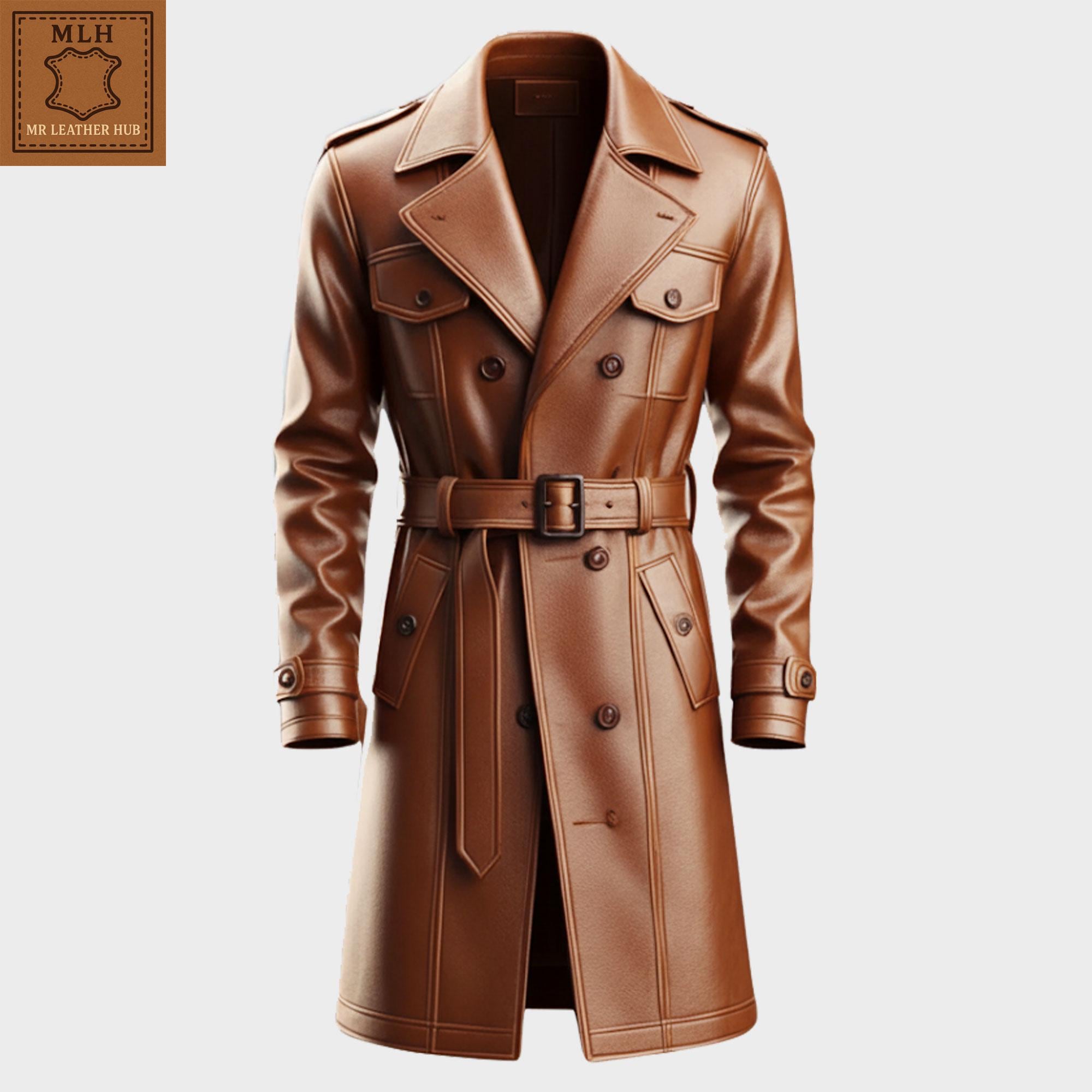 メンズ ブラウンレザートレンチコート、ダブルブレスト ベルト付き
