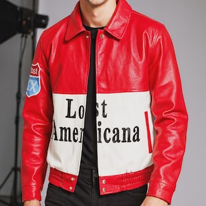 Lost Americana Red White Leather Varsity Jacket | MGK Inspired Bomber Coat
