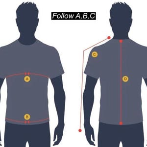 May include: Diagram illustrating body measurements for clothing. Two silhouettes in gray t-shirts show measurement points labeled A, B, C, and D with red lines. The text "Follow A, B, C" is in a black rectangle.