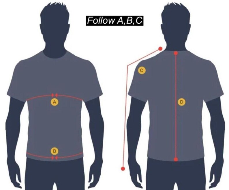May include: Diagram illustrating body measurements for clothing. Two silhouettes in gray t-shirts show measurement points labeled A, B, C, and D with red lines. The text "Follow A, B, C" is in a black rectangle.