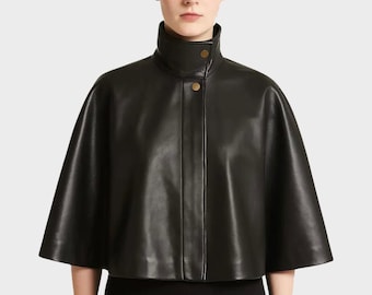 Black Lambskin Leather Cape: High Collar Handmade Capelet