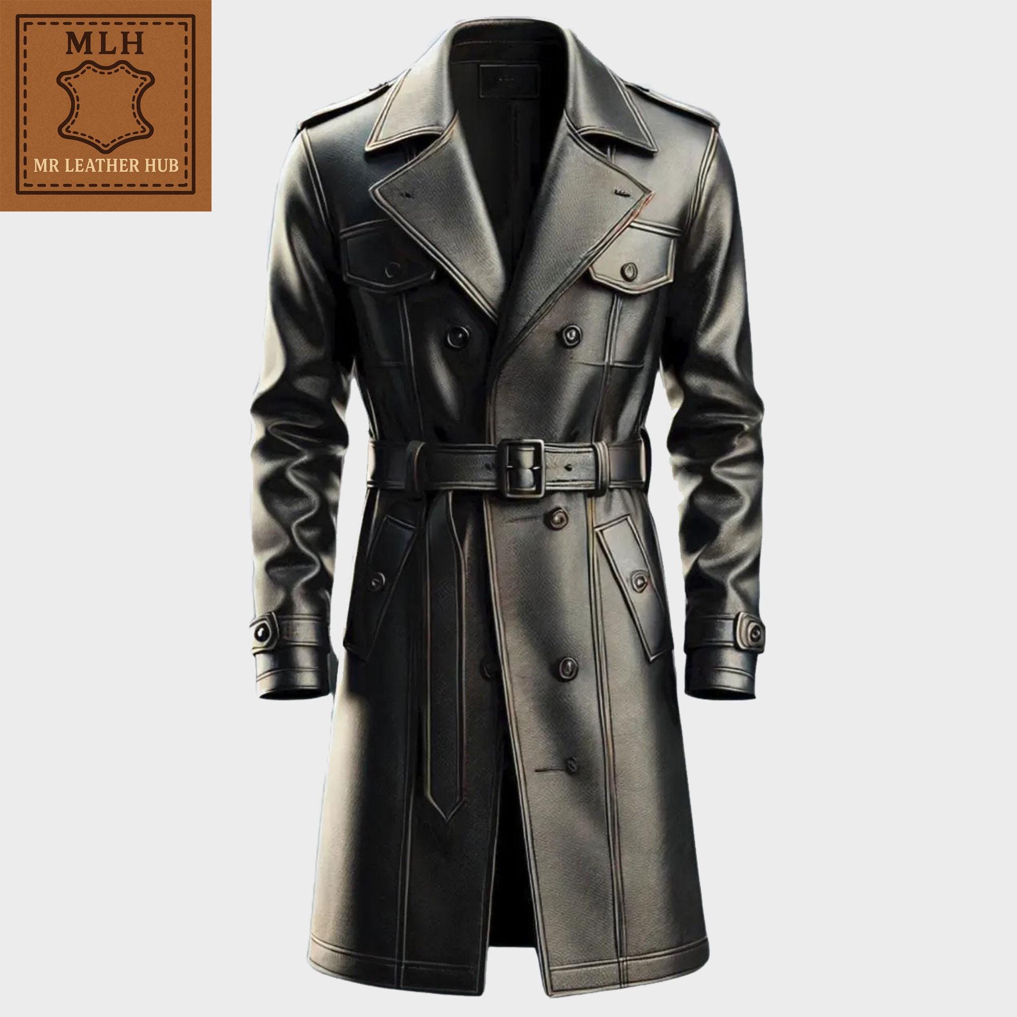 メンズ ブラウンレザートレンチコート、ダブルブレスト ベルト付き