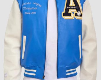 Avirex American League Champions Leather Varsity Jacket: Blue & White Bomber