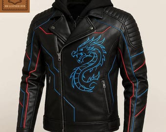 Herren Dragon gestickte Biker Lederjacke mit Kapuze | Kundenspezifisches Motorrad-Leder mit Kapuze für Männer.