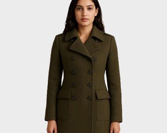 Classic Women's Wool Peacoat | Dark Olive Green Double-Breasted Jacket | Stylish Winter Outerwear
