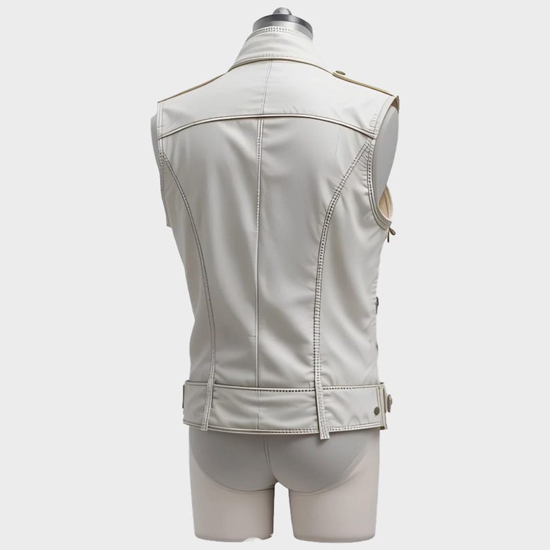 May include: A cream-colored, sleeveless vest with a classic biker jacket design. Features include a notched collar, shoulder epaulets, and a belt detail at the waist. The vest has visible stitching and a smooth, matte finish. The vest is displayed on a mannequin.