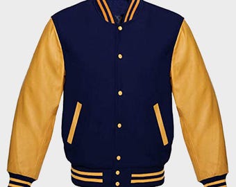 Marinblå och gul varsityjacka | Unisex Letterman-bomberjacka med läderärmar | Retro collegestil