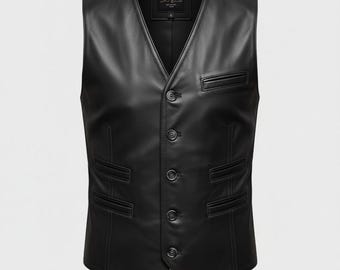 Men's Black Genuine Leather Vest - Biker Waistcoat, Button Front