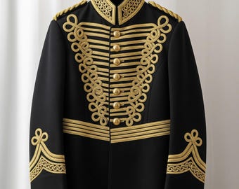 Men's Black Wool Hussar Jacket: Gold Braid Military Coat