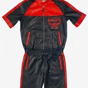 Fashion-forward men's leather shirt and shorts set handcrafted for luxury streetwear and summer wear.