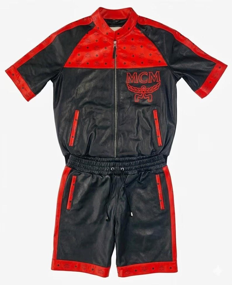 Fashion-forward men's leather shirt and shorts set handcrafted for luxury streetwear and summer wear.