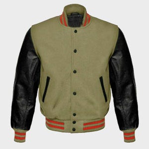 Cream Beige Wool & Black Leather Varsity Jacket – Unisex Letterman Bomber Jacket, Retro Baseball Style, Customizable College Jacket