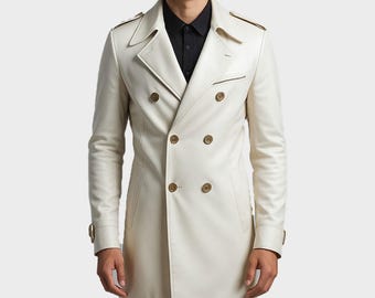 MENS皮ジャケットコートオフ白 メンズホワイトレザージャケット、ダブルブレスト：コートスタイル