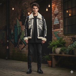 May include: Black leather jacket with a cream-colored shearling collar and lining, featuring a white skeleton bone design on the front and sleeves. The jacket is worn with a black shirt and black jeans. The background includes a brick wall and graffiti.