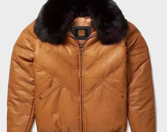 Men's V-Bomber Leather Puffer Jacket with Fox Fur, Goose Down, Lambskin Zipper