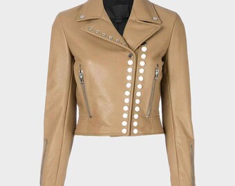 Tan Leather Biker Jacket: Silver Studded Cropped Moto Style