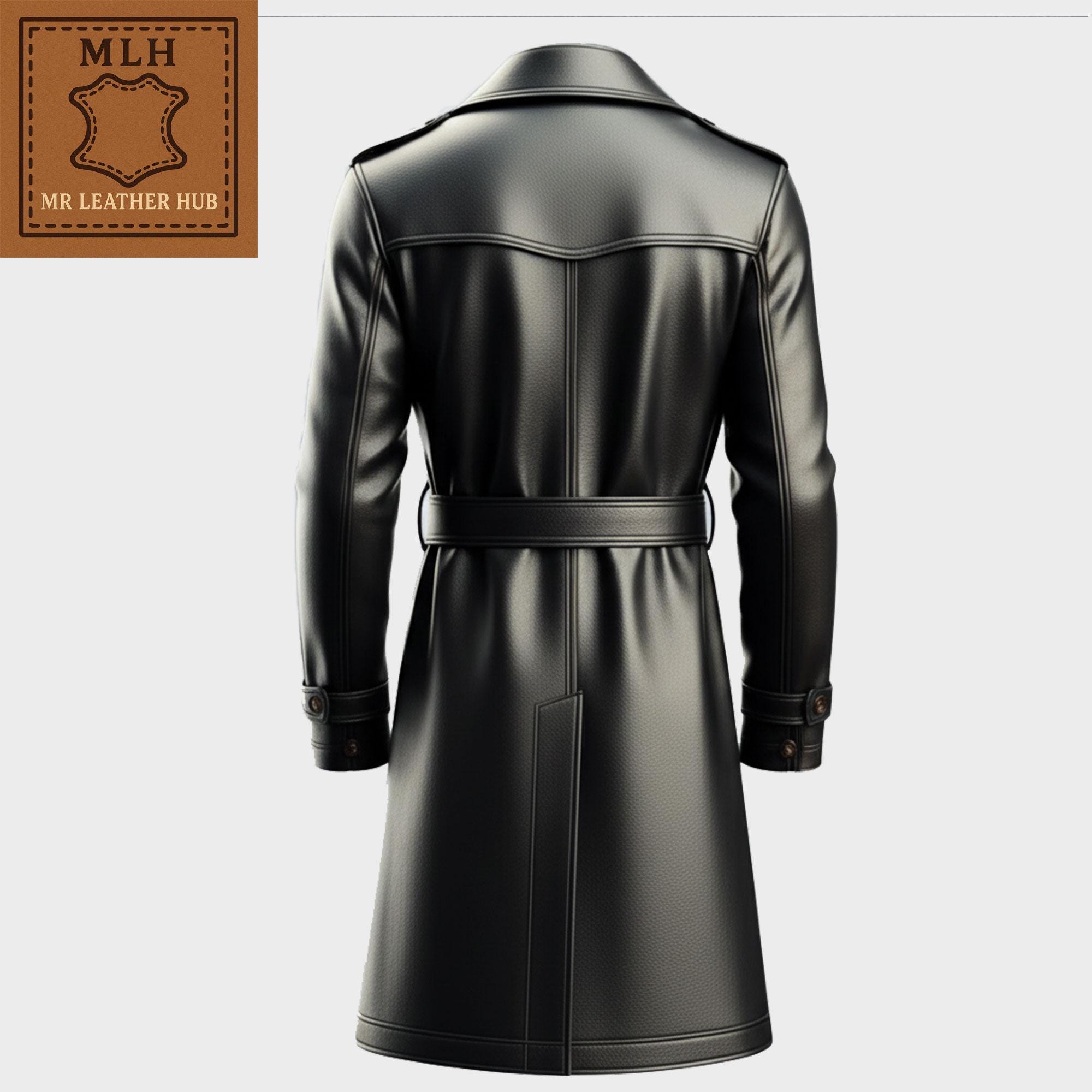 メンズ ブラウンレザートレンチコート、ダブルブレスト ベルト付き