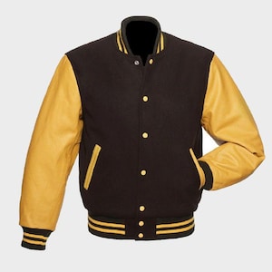 Brown Wool Varsity Jacket with Yellow Leather Sleeves ,Unisex College Letterman Bomber, Custom Team Colors