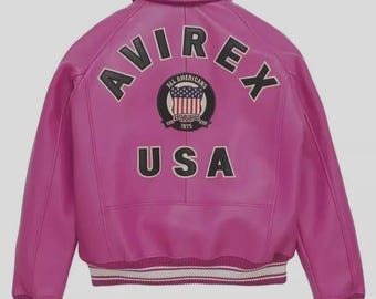AVIREX USA Edition Pink Leather Bomber Jacket: Cowhide soft Unisex Icon