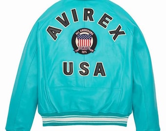 Aqua Blue Leather Bomber Jacket, AVIREX USA Varsity Aviator Coat