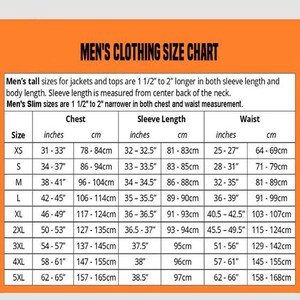May include: A men's clothing size chart with measurements in inches and centimeters. The chart includes chest, sleeve length, and waist sizes, ranging from XS to 5XL. It also provides notes on tall and slim sizes.