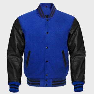 Blue and Black Varsity Jacket | Leather Sleeve Letterman Bomber | Unisex Retro College Style Jacket for Men & Women